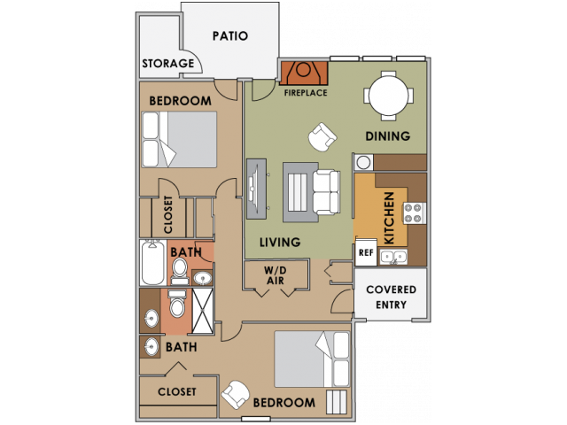 Floor plan for 2 beds, 2 baths, 1258 sqft